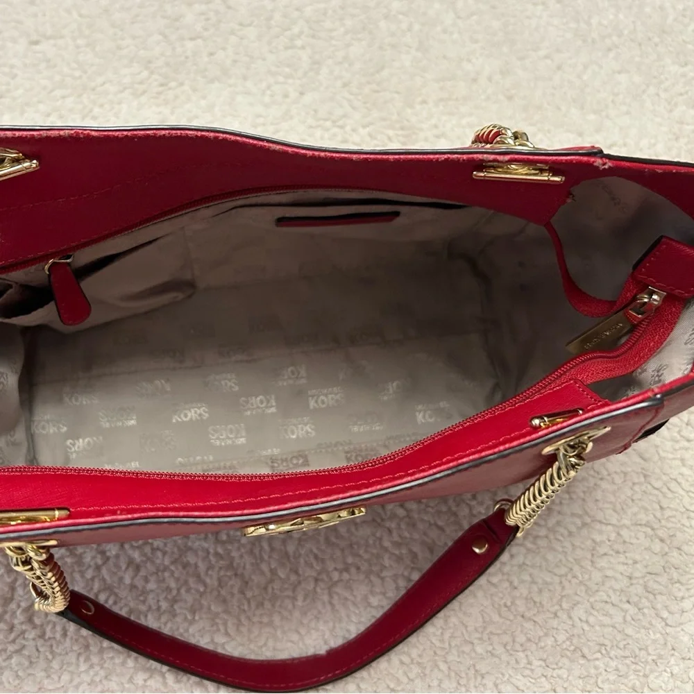 Michael Kors Red Tote Bag with Gold Accents - Picture 7 of 14